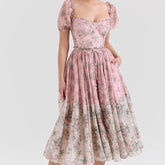 Two Tone Floral Print Puff Sleeve Midi Dress