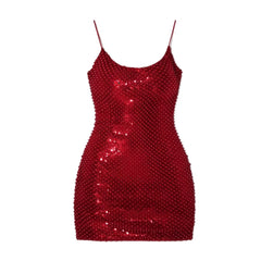 Red Spaghetti Strap Sequin Bodycon Mini Dress