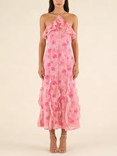 Pink Rose Print Ruffle Midi Dress