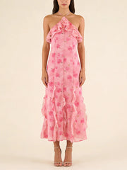 Pink Rose Print Frill Halter Midi Dress