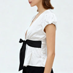 Deep V Neck White Front Bowknot Crop Top