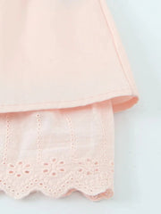 Pink Short Sleeve Button Up Top And Eyelet Trim Mini Skirt