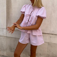 Front Tie Plaid Puff Sleeve Peplum Shirt And Shorts Set