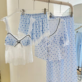 Blue Dotted Lace Patchwork 4 Piece Sleep Loungewear Set