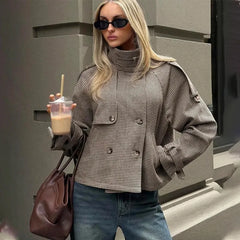 Plaid Print Stand Collar Pocket Jacket