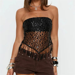Black Sequin Fringe Trim Tube Top