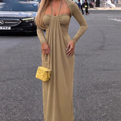 Long Sleeve Draped Tie Neck Maxi Dress