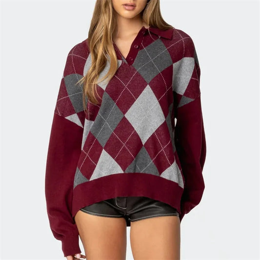 Argyle Button-up Knit Sweater