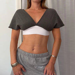 Grey Colour Block Deep V-Neck Short Sleeve Crop Top