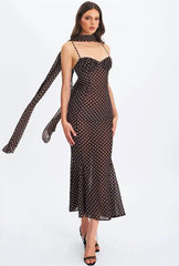 Black Polka Dot Sweetheart Neck Spaghetti Strap Scarf Maxi Dress