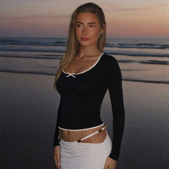 Lace Trim Solid Long Sleeve Top