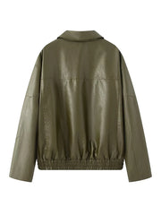 Green Pu Leather Zipper Jacket