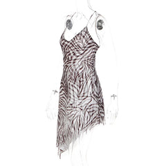 Zebra Print Cowl Spaghetti Strap Irregular Hem Mini Dress
