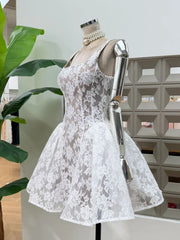 Sheer Lace Square Neck A Line Mini Dress