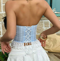 Strapless Blue Lace Trim Corset