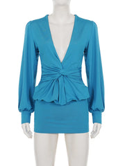 Blue Tied Up Deep V-Neck Long Sleeve Mini Dress