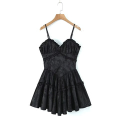Black Jaqquared Print Spaghetti Strap A-line Mini Dress