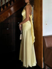Yellow Satin Back Tie Up Maxi Dress