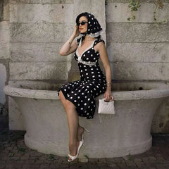 Black Polka Dot Lace Trim Maxi Dress