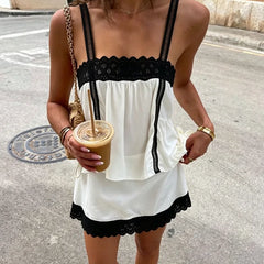 Lace Trim Square Neck Peplum Top And Mini Skirt Set