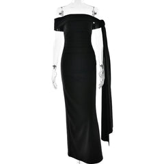 Slash Neck Off-Shoulder Ribbon Split Maxi Dress