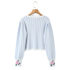 Blue Striped Button Knit Cardigan