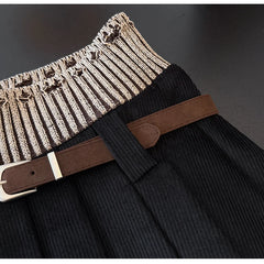 Patchwork Corduroy Pleated Mini Skirt with Belt