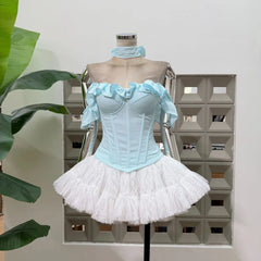 Ruffled Trim Off-shoulder Crop Top And White Tulle Mini Skirt Set