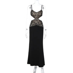Black Lace Cut Out Open Back Strappy Maxi Dress