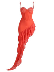 Corset Irregular Ruffle Hem Spaghetti Straps Satin Midi Dress