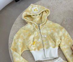 Camouflage Zipper Crop Hoodie, Tube Top, And Shorts, Sweatpants Set