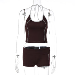 Halter Tie Up Crop Top With Flower Print Shorts Set