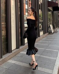 Black Off Shoulder Knitted Long Mermaid Fishtail Dress
