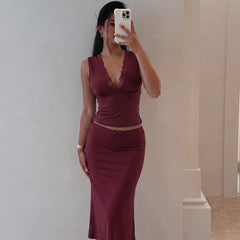 Lace Trim V-neck Tank Top And Midi Skirt Set