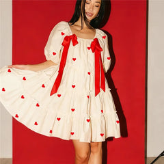 Heart Print Short Puff Sleeve Square Neck Bow Mini Dress
