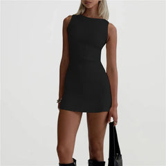 Solid Sleeveless Open Back O-neck Mini Dress
