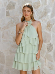 3D Flowers Ruffled Halter Tiered Mini Dress