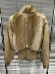 Brown Fur Fuzzy Zipper Short Jacket