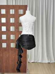 White And Black Sequin Patchwork Flower Draped Mini Dress