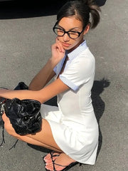 Knit Buttoned Collar Short Sleeve Mini Dress