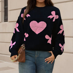 Bow Heart Jacquard Knit Sweater