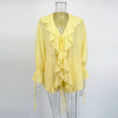 Ruffle Tie Up Shirt And Shorts Two Piece Set