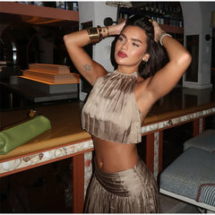 Gold Halter Open Back Crop Top And Maxi Skirt Set
