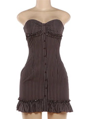 Brown Striped Strapless Buttoned Mini Dress