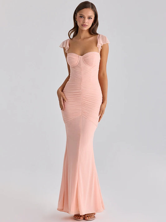 Pink Ruffle Sleeve Bodycon Sweetheart Neck Maxi Dress
