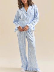 Satin Floral Print Long Sleeve Shirt with Long Pants Two Piece Sleepwear Set