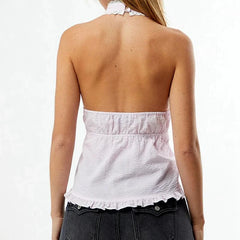 Striped Halter Ribbion Tie Up V-Neck Top