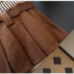 Patchwork Corduroy Pleated Mini Skirt with Belt