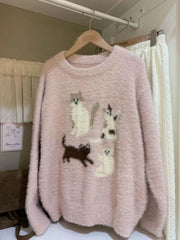 Pink Multi‑Cat Fuzzy Sweater