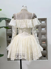 White Off The Shoulder Lace Ruffles Mini Dress